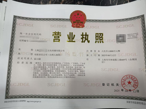 上海金山注冊文化傳媒公司資料和流程